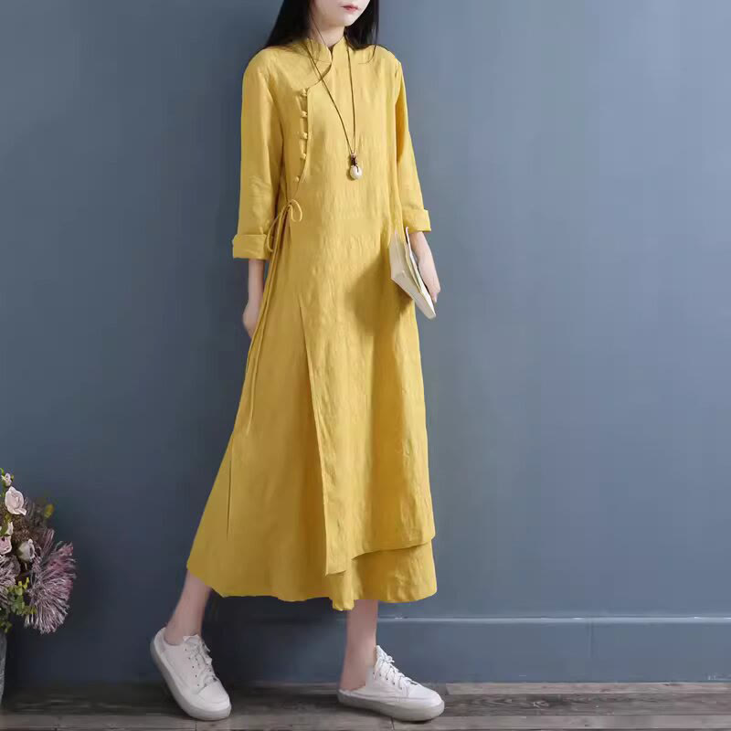 Buddha Stones Spring Casual Plain Frog-Button Design Side Lace-Up Cotton Linen Midi Dress - Gold - US8-10,UK/AU12-14,EU40-42 (2XL) - image 3
