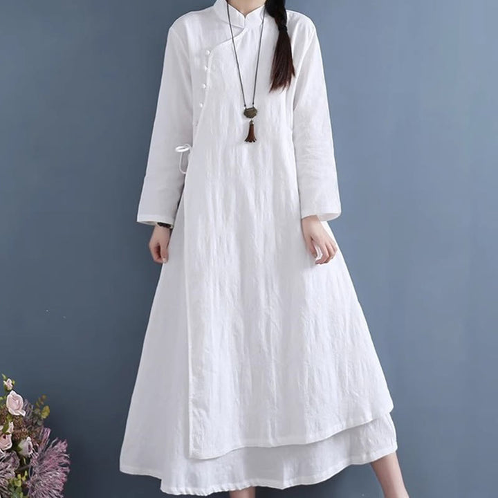 Buddha Stones Spring Casual Plain Frog-Button Design Side Lace-Up Cotton Linen Midi Dress - White - US8-10,UK/AU12-14,EU40-42 (2XL) - image 0