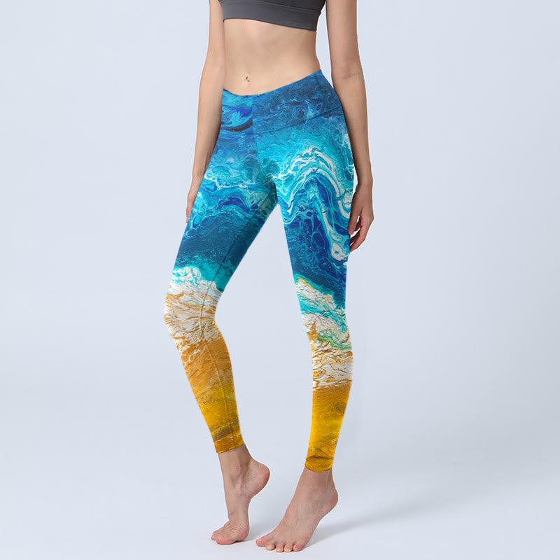 Buddha Stones Ocean Wave Golden Shore Pattern Print Gym Leggings Women's Yoga Pants - MediumBlue - US18,UK/AU22,EU50 (4XL) - image 0