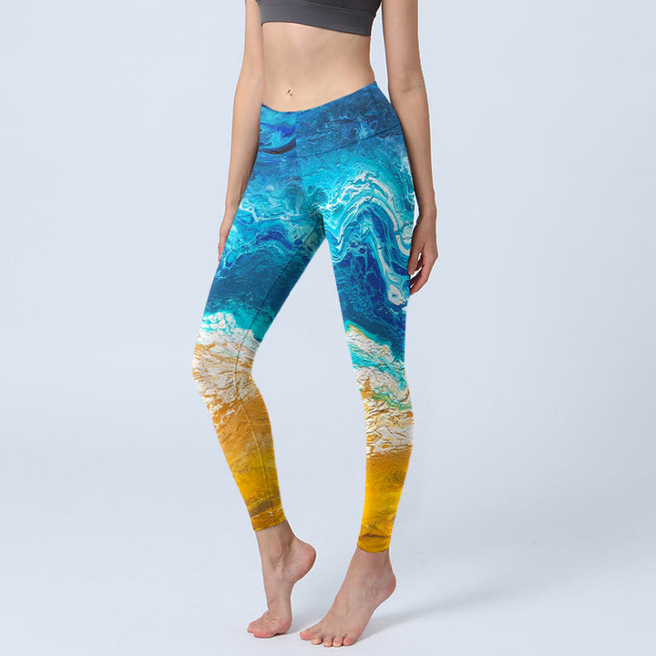 Buddha Stones Ocean Wave Golden Shore Pattern Print Gym Leggings Women's Yoga Pants - MediumBlue - US18,UK/AU22,EU50 (4XL) - image 0