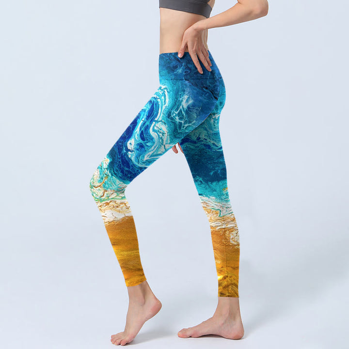 Buddha Stones Ocean Wave Golden Shore Pattern Print Gym Leggings Women's Yoga Pants - image 2