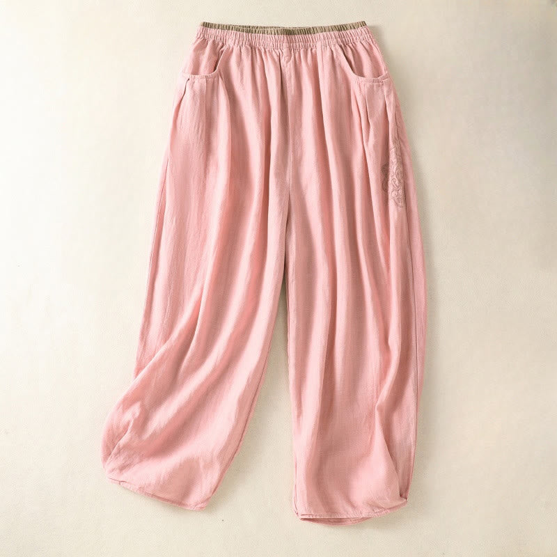 Buddha Stones Casual Embroidery Women's Cotton Linen 7-8 Length Harem Pants With Pockets - LightPink - US8-10,UK/AU12-14,EU40-42 (2XL) - image 16
