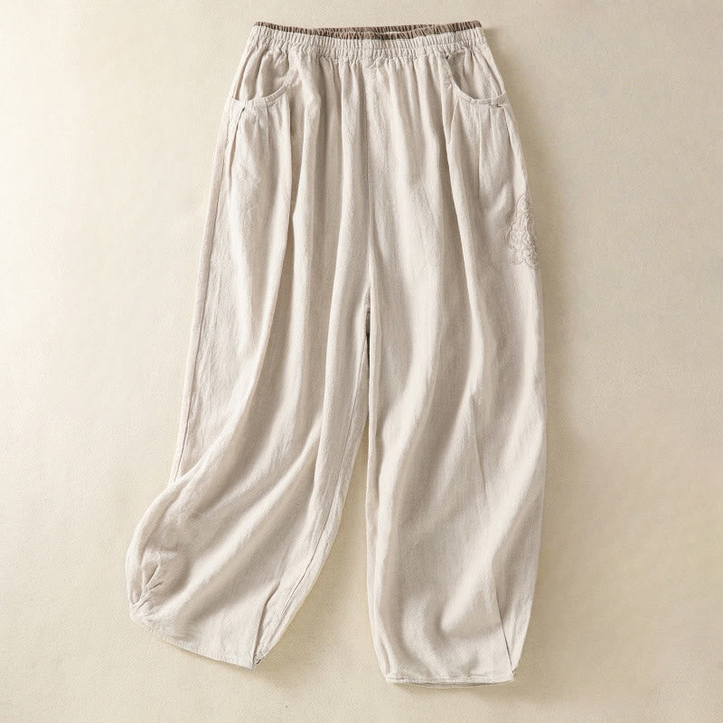 Buddha Stones Casual Embroidery Women's Cotton Linen 7-8 Length Harem Pants With Pockets - Linen - US8-10,UK/AU12-14,EU40-42 (2XL) - image 6