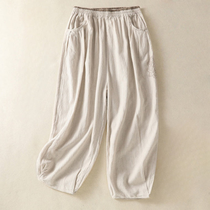 Buddha Stones Casual Embroidery Women's Cotton Linen 7-8 Length Harem Pants With Pockets - Linen - US8-10,UK/AU12-14,EU40-42 (2XL) - image 6