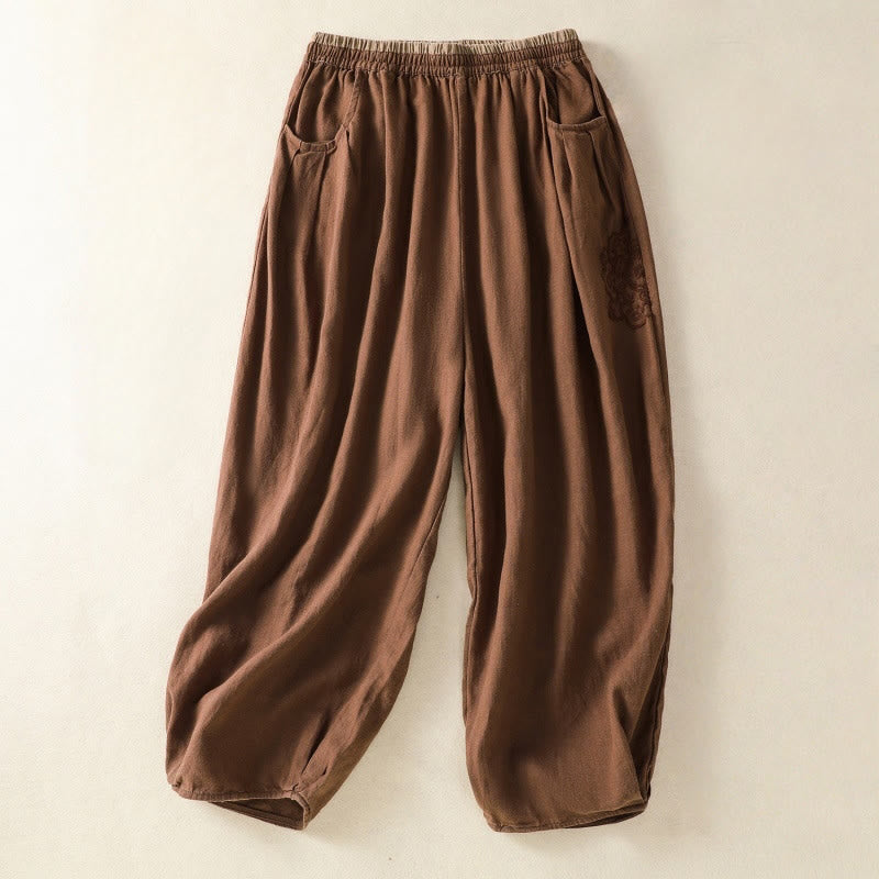 Buddha Stones Casual Embroidery Women's Cotton Linen 7-8 Length Harem Pants With Pockets - Sienna - US8-10,UK/AU12-14,EU40-42 (2XL) - image 23