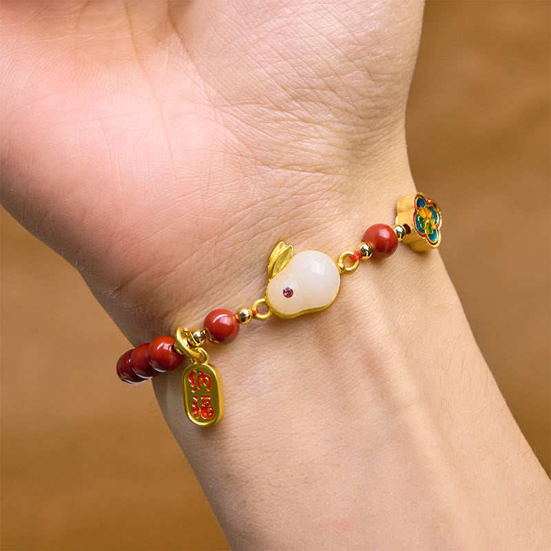 Buddha Stones Cinnabar Cute Rabbit Bunny Fu Character Calm Bracelet - image 4