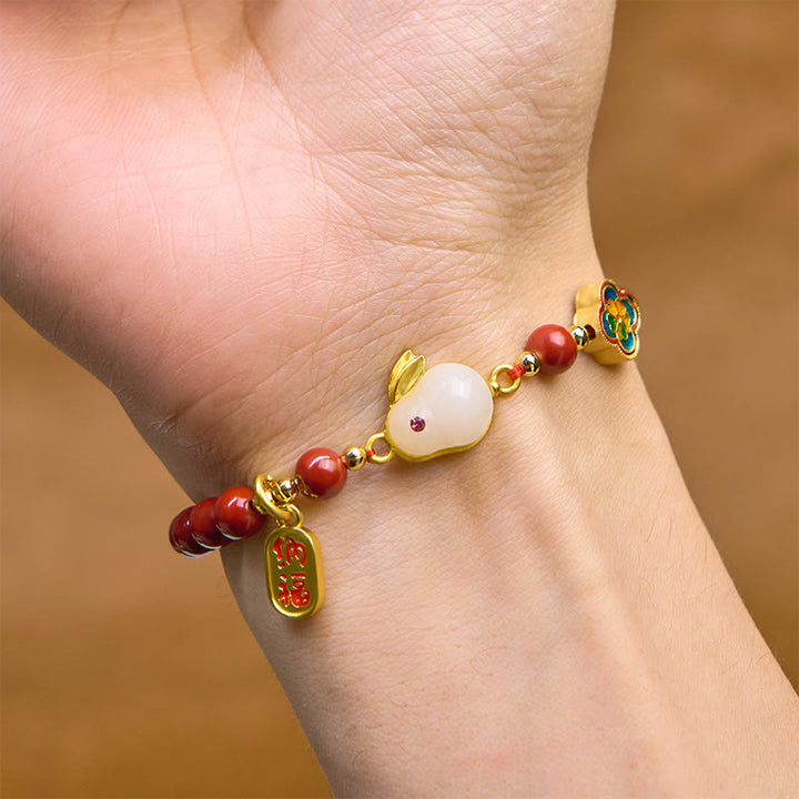 Buddha Stones Cinnabar Cute Rabbit Bunny Fu Character Calm Bracelet - image 4