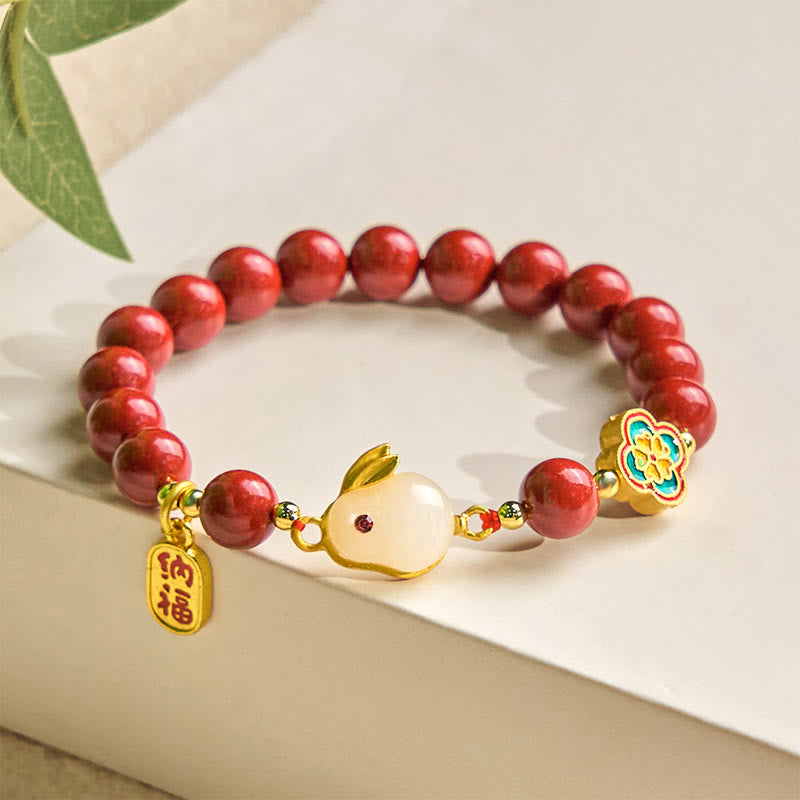 Buddha Stones Cinnabar Cute Rabbit Bunny Fu Character Calm Bracelet - image 8