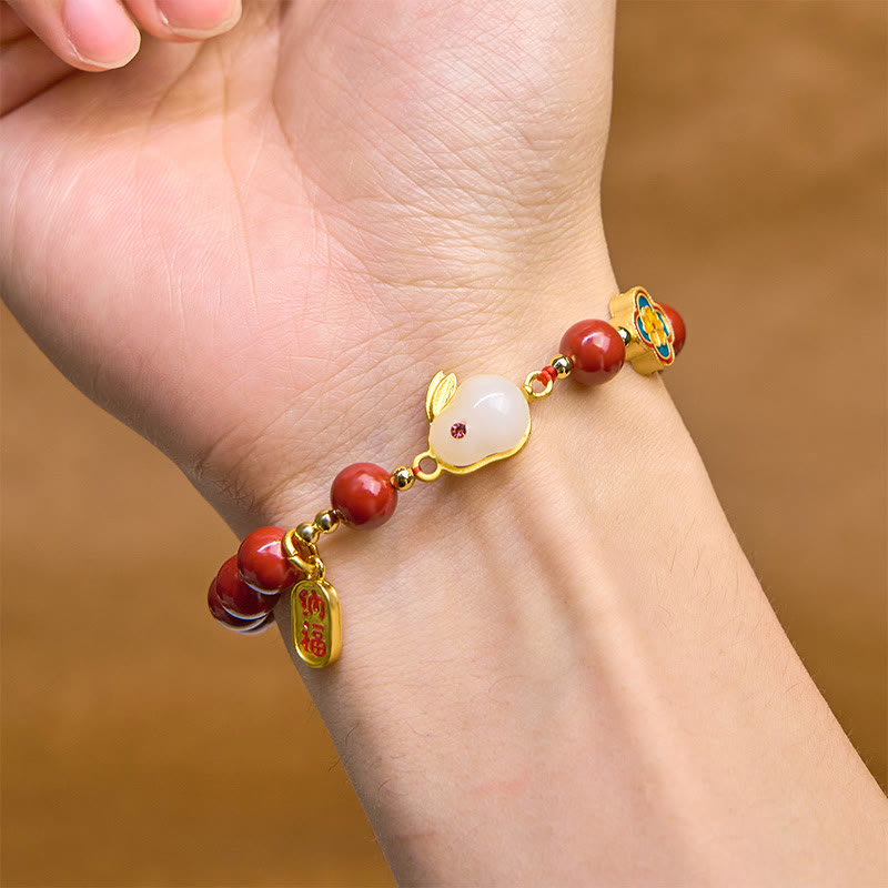Buddha Stones Cinnabar Cute Rabbit Bunny Fu Character Calm Bracelet - image 9
