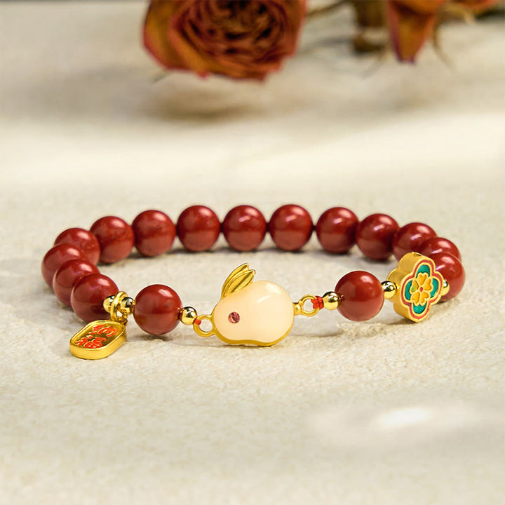 Buddha Stones Cinnabar Cute Rabbit Bunny Fu Character Calm Bracelet - image 6