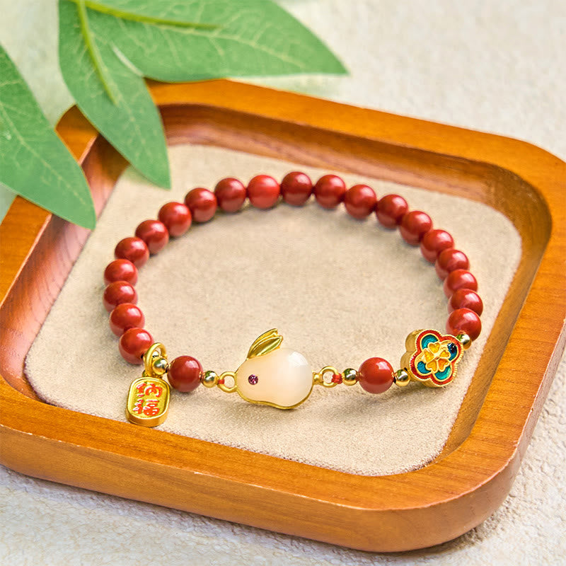 Buddha Stones Cinnabar Cute Rabbit Bunny Fu Character Calm Bracelet - image 2