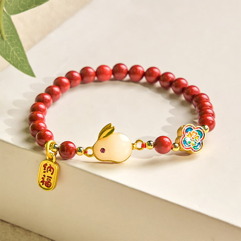 Buddha Stones Cinnabar Cute Rabbit Bunny Fu Character Calm Bracelet - image 1