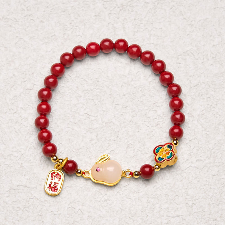 Buddha Stones Cinnabar Cute Rabbit Bunny Fu Character Calm Bracelet - image 3