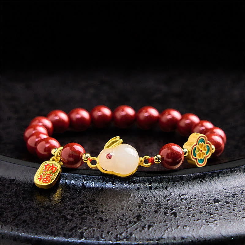 Buddha Stones Cinnabar Cute Rabbit Bunny Fu Character Calm Bracelet - 8mm Cinnabar(Wrist Circumference 14-16cm) - image 5