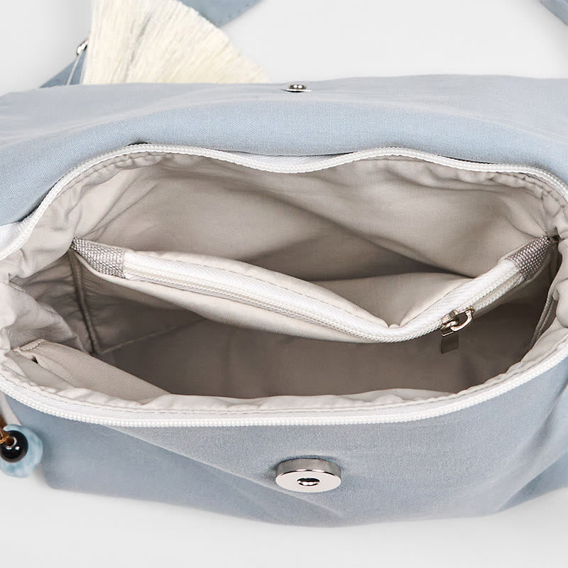 Buddha Stones Plain Embroidered LightBlue Epiphyllum Cotton Linen Crossbody Bag Shoulder Bag - image 5