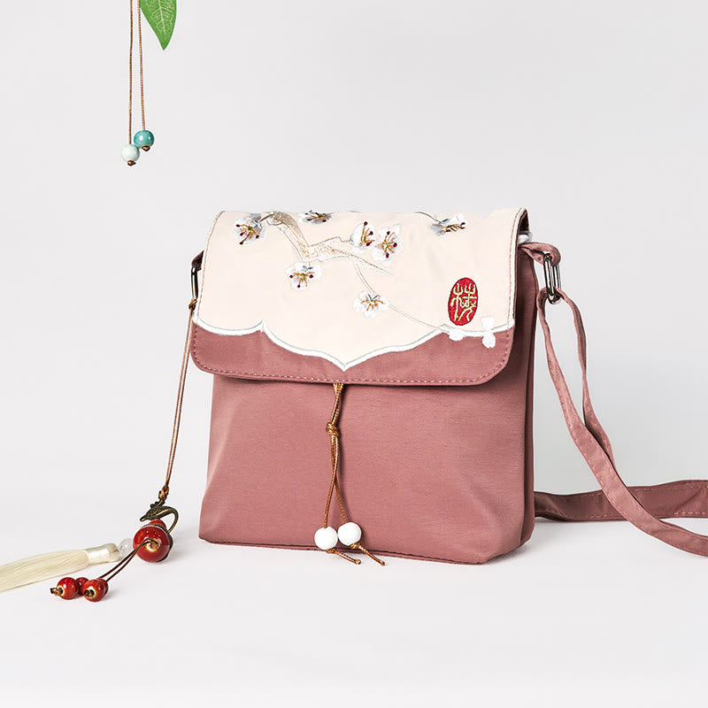 Buddha Stones Plain Brown Embroidered Plum Bossom Cotton Linen Crossbody Bag Shoulder Bag - image 3