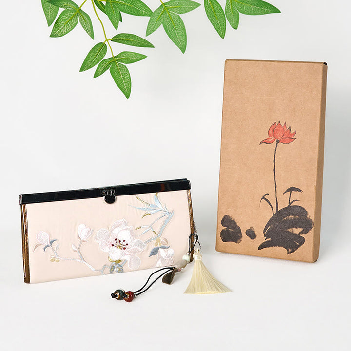 Buddha Stones Magnolia Flower Double-sided Embroidery Large Capacity Cash Holder Wallet Shopping Purse - image 4