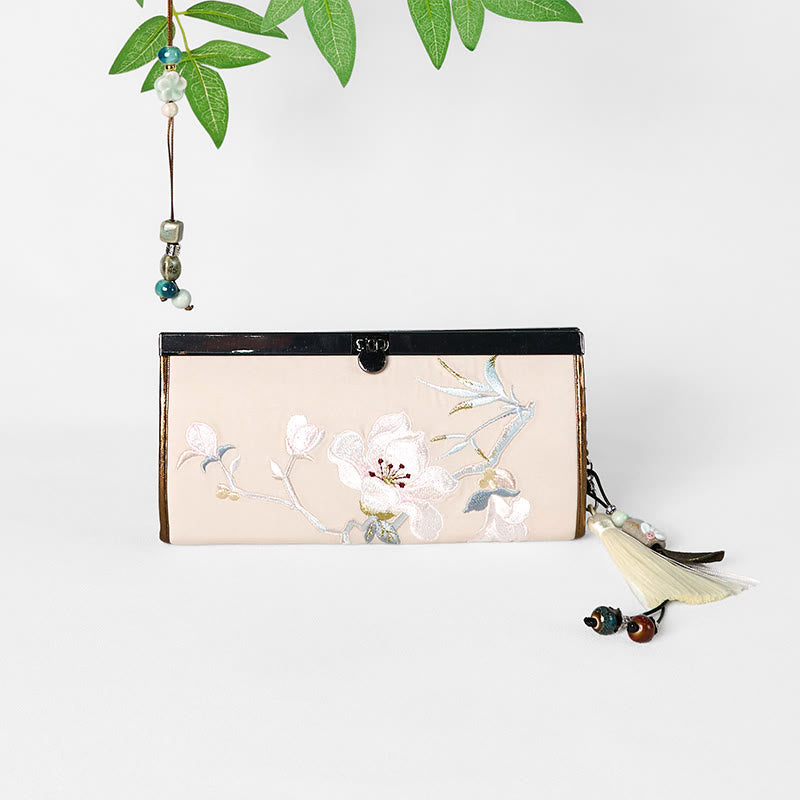 Buddha Stones Magnolia Flower Double-sided Embroidery Large Capacity Cash Holder Wallet Shopping Purse - image 2