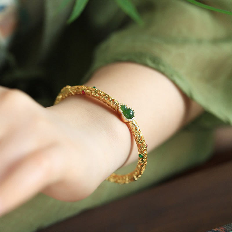 Buddha Stones Cyan Jade Copper Plated Gold Auspicious Clouds Gourd Luck Bracelet Bangle - image 4