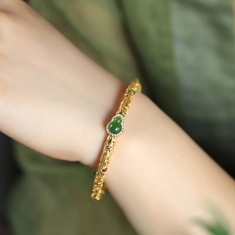 Buddha Stones Cyan Jade Copper Plated Gold Auspicious Clouds Gourd Luck Bracelet Bangle - image 9