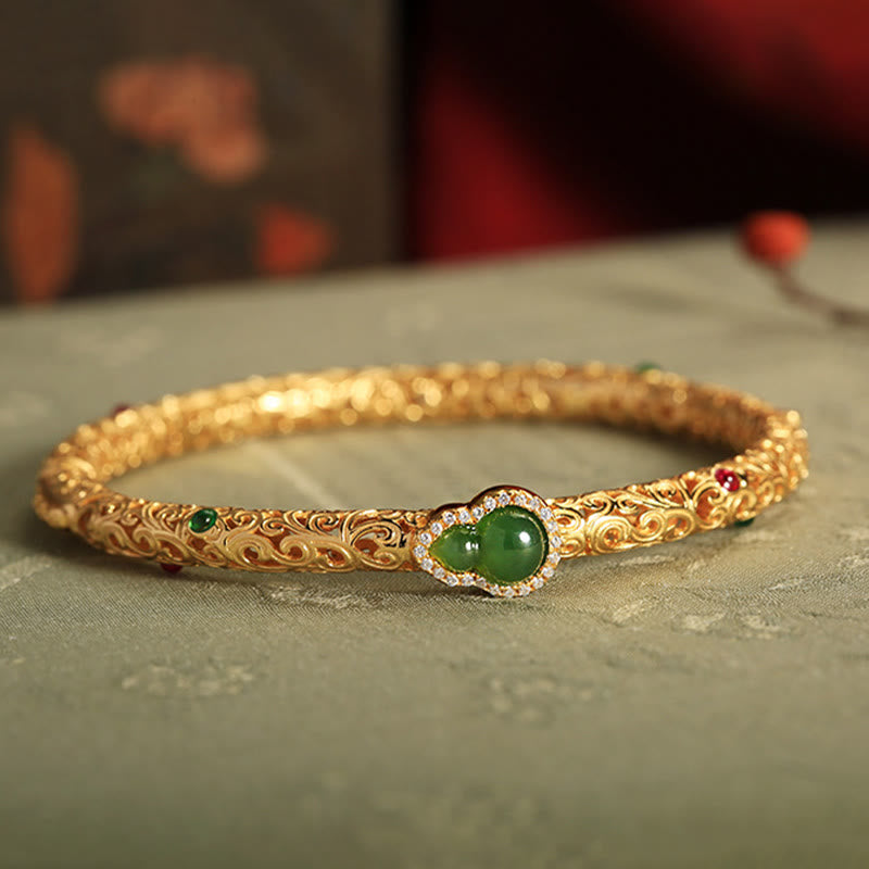 Buddha Stones Cyan Jade Copper Plated Gold Auspicious Clouds Gourd Luck Bracelet Bangle - image 1