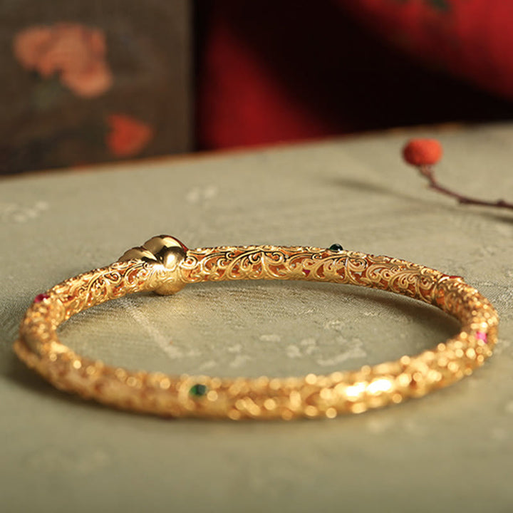 Buddha Stones Cyan Jade Copper Plated Gold Auspicious Clouds Gourd Luck Bracelet Bangle - image 2