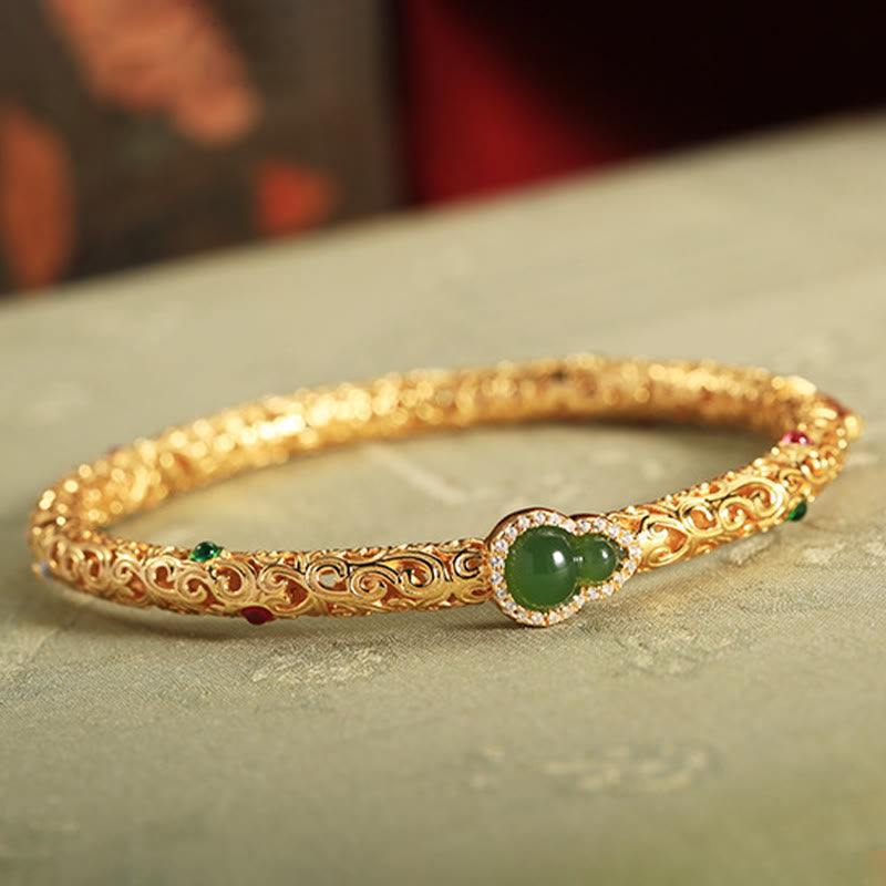 Buddha Stones Cyan Jade Copper Plated Gold Auspicious Clouds Gourd Luck Bracelet Bangle - image 10