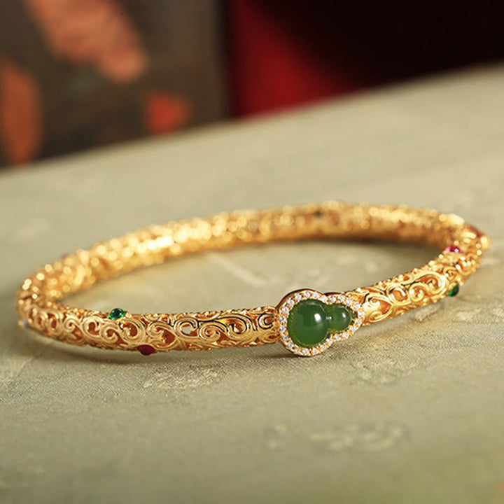 Buddha Stones Cyan Jade Copper Plated Gold Auspicious Clouds Gourd Luck Bracelet Bangle - image 10