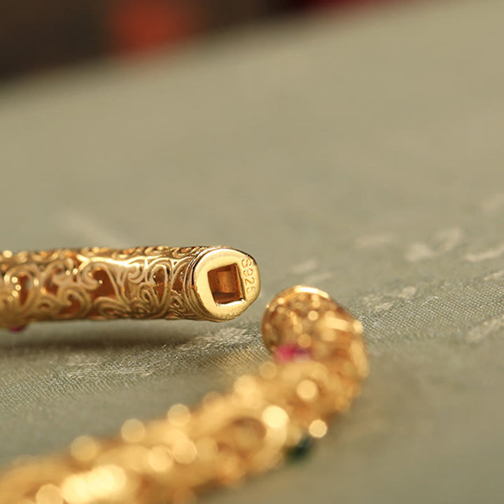 Buddha Stones Cyan Jade Copper Plated Gold Auspicious Clouds Gourd Luck Bracelet Bangle - image 12