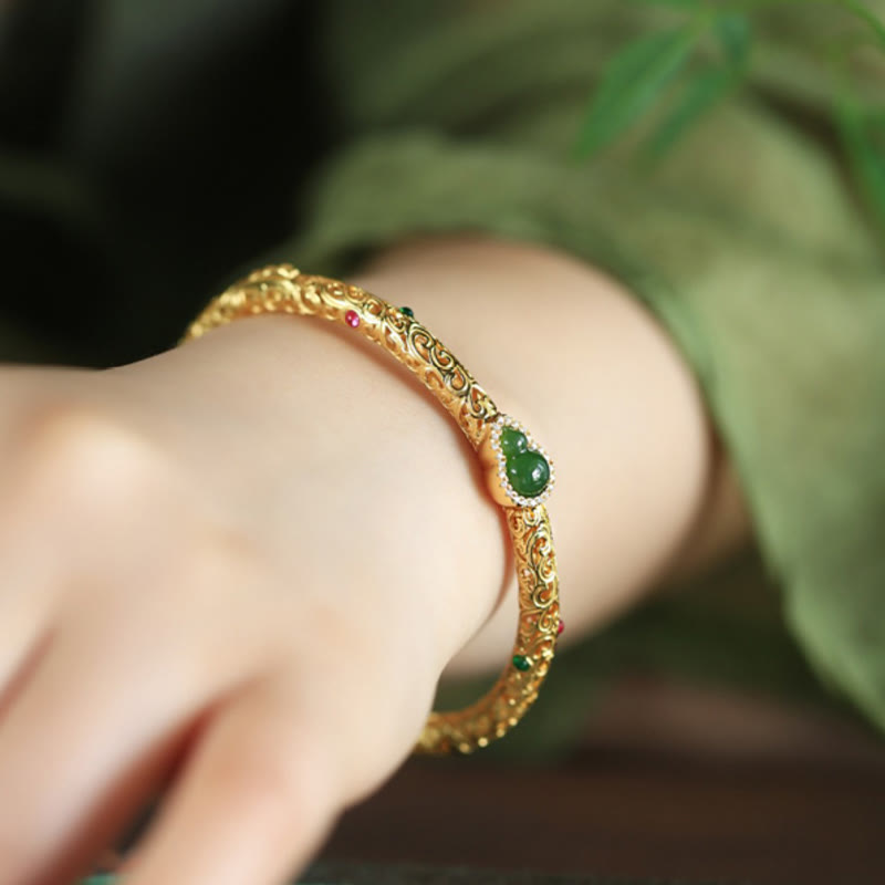 Buddha Stones Cyan Jade Copper Plated Gold Auspicious Clouds Gourd Luck Bracelet Bangle - image 8