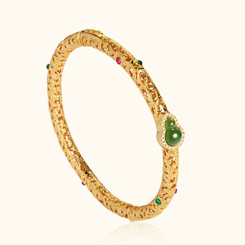 Buddha Stones Cyan Jade Copper Plated Gold Auspicious Clouds Gourd Luck Bracelet Bangle - image 14