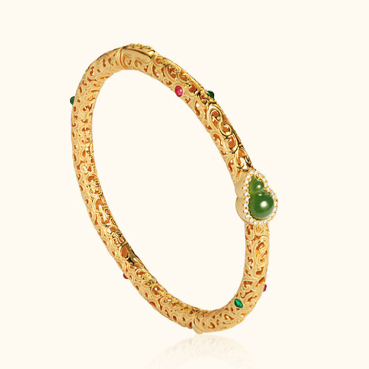 Buddha Stones Cyan Jade Copper Plated Gold Auspicious Clouds Gourd Luck Bracelet Bangle - image 14