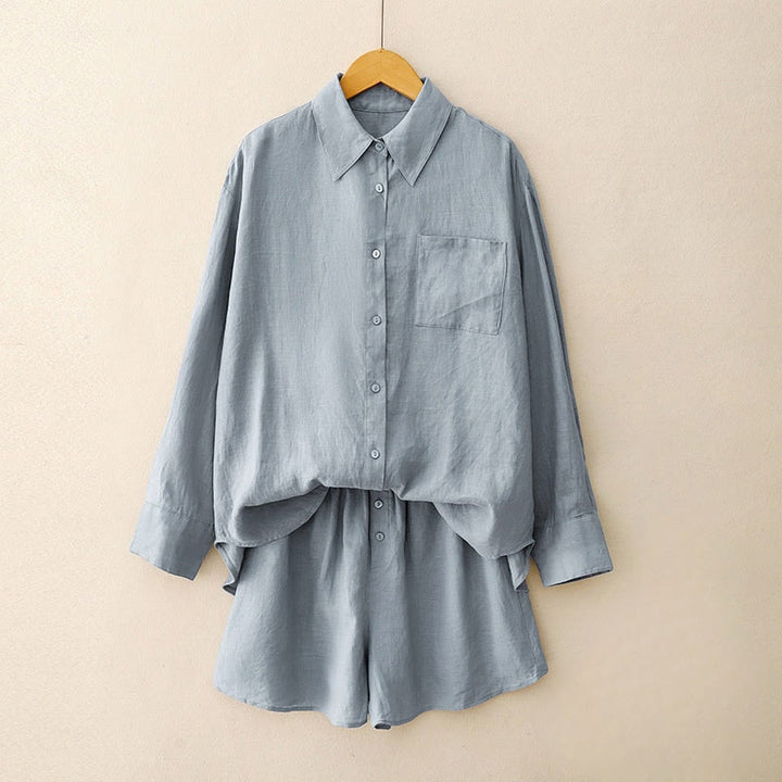 Buddha Stones Summer 2pcs Plain Long Sleeve Shirt Top Cardigan Shorts Meditation Clothing Women's Set With Pockets - CornflowerBlue - US12,UK/AU16,EU44 (2XL) - image 17