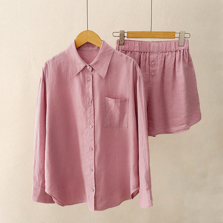Buddha Stones Summer 2pcs Plain Long Sleeve Shirt Top Cardigan Shorts Meditation Clothing Women's Set With Pockets - PaleVioletRed - US12,UK/AU16,EU44 (2XL) - image 0