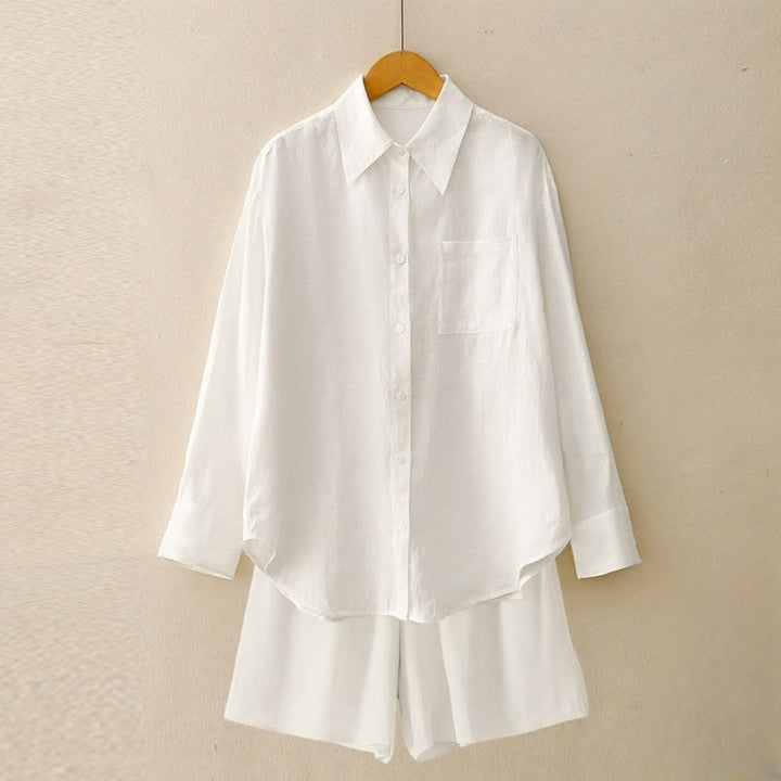 Buddha Stones Summer 2pcs Plain Long Sleeve Shirt Top Cardigan Shorts Meditation Clothing Women's Set With Pockets - White - US12,UK/AU16,EU44 (2XL) - image 28