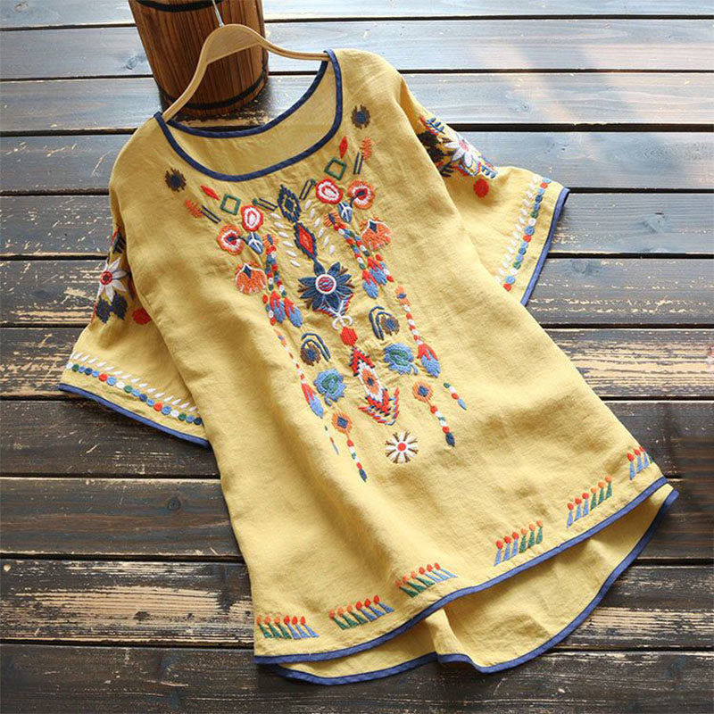 Buddha Stones Retro Artistic Embroidery Floral Pattern Crew Neck Women's Cotton Linen Short Sleeve T-Shirt - Yellow - US14,UK/AU18,EU46 (4XL) - image 13