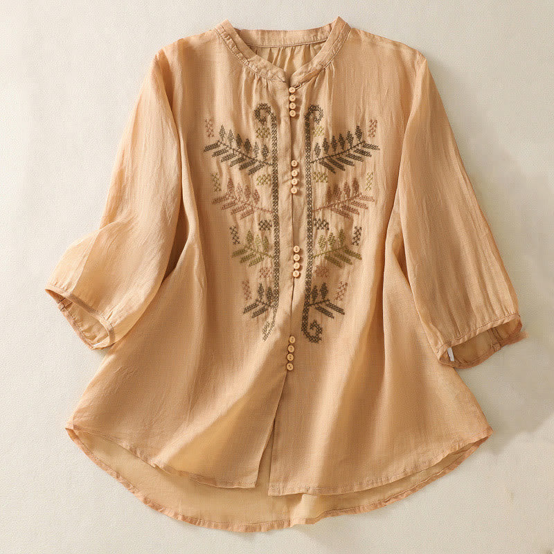 Buddha Stones Casual Artistic Embroidery Leaves Pattern Women's Cotton Linen Three Quarter Sleeve Shirt Cardigan - Orange - US8-10,UK/AU12-14,EU40-42 (2XL) - image 0