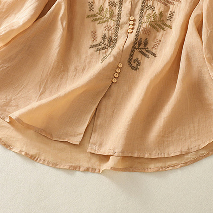 Buddha Stones Casual Artistic Embroidery Leaves Pattern Women's Cotton Linen Three Quarter Sleeve Shirt Cardigan - image 7