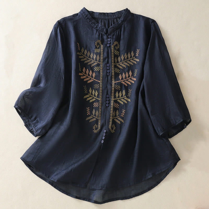 Buddha Stones Casual Artistic Embroidery Leaves Pattern Women's Cotton Linen Three Quarter Sleeve Shirt Cardigan - MidnightBlue - US8-10,UK/AU12-14,EU40-42 (2XL) - image 8