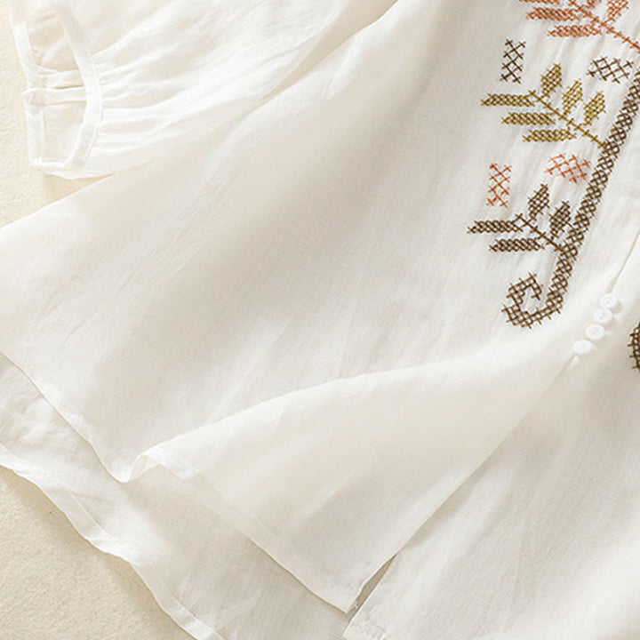 Buddha Stones Casual Artistic Embroidery Leaves Pattern Women's Cotton Linen Three Quarter Sleeve Shirt Cardigan - image 20