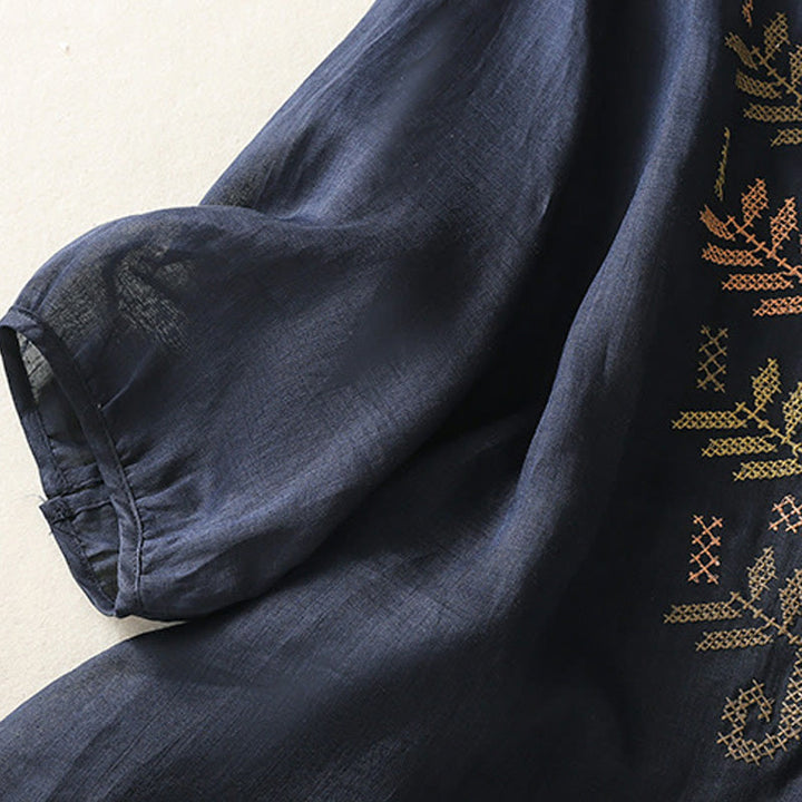 Buddha Stones Casual Artistic Embroidery Leaves Pattern Women's Cotton Linen Three Quarter Sleeve Shirt Cardigan - image 11