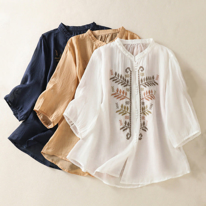 Buddha Stones Casual Artistic Embroidery Leaves Pattern Women's Cotton Linen Three Quarter Sleeve Shirt Cardigan - image 22