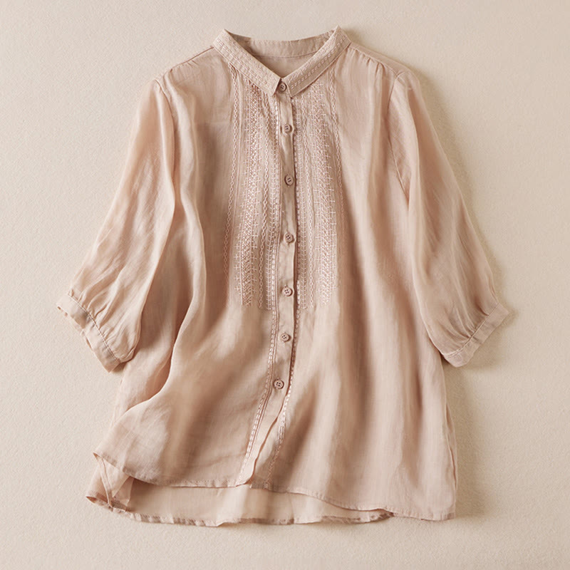 Buddha Stones Summer Vintage Casual Pure Color Embroiderd Button Design Women's Cotton Linen Half Sleeve Shirt - BurlyWood - US8-10,UK/AU12-14,EU40-42 (2XL) - image 0