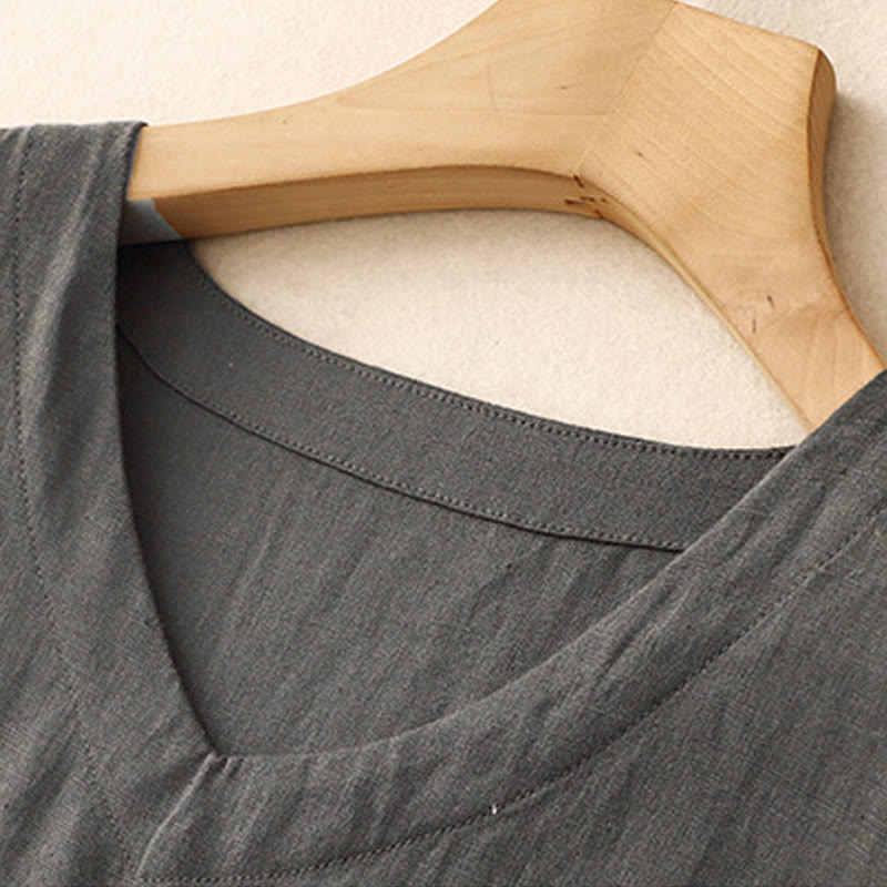 Buddha Stones Casual Artistic Solid Color Simple Design High Waist Short Sleeve Cotton Linen Midi Dress With Pockets - image 9