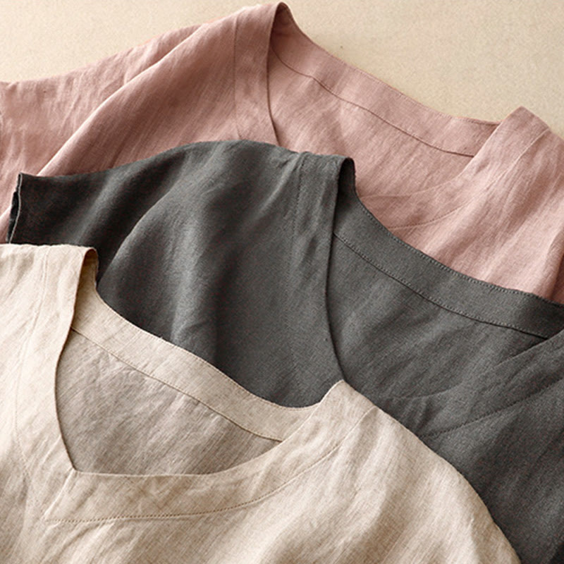 Buddha Stones Casual Artistic Solid Color Simple Design High Waist Short Sleeve Cotton Linen Midi Dress With Pockets - image 20