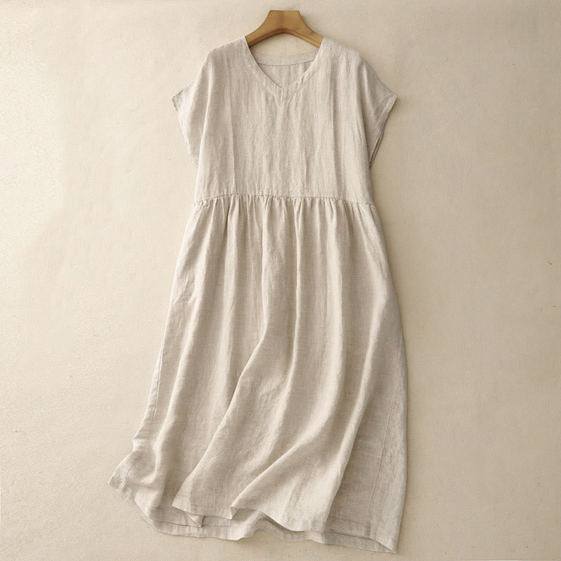 Buddha Stones Casual Artistic Solid Color Simple Design High Waist Short Sleeve Cotton Linen Midi Dress With Pockets - Linen - US8-10,UK/AU12-14,EU40-42 (2XL) - image 0