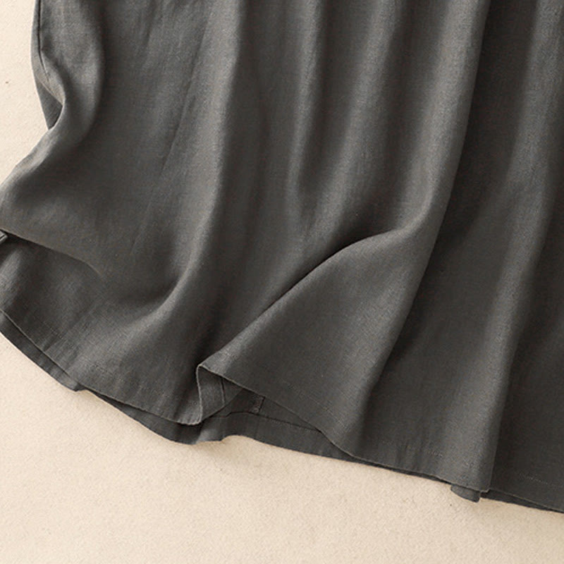 Buddha Stones Casual Artistic Solid Color Simple Design High Waist Short Sleeve Cotton Linen Midi Dress With Pockets - image 12