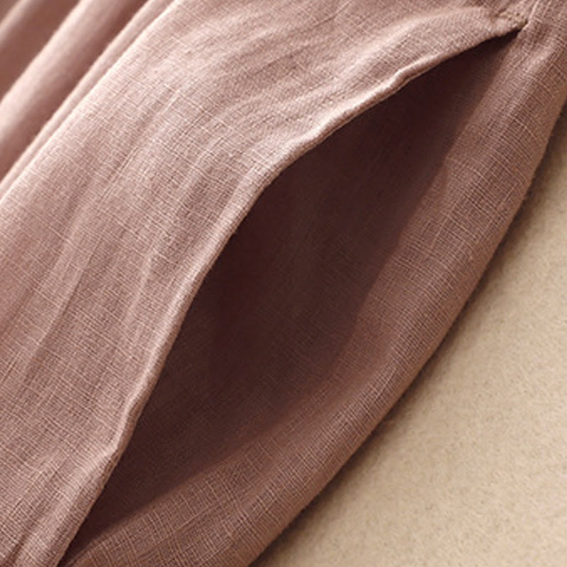 Buddha Stones Casual Artistic Solid Color Simple Design High Waist Short Sleeve Cotton Linen Midi Dress With Pockets - image 18