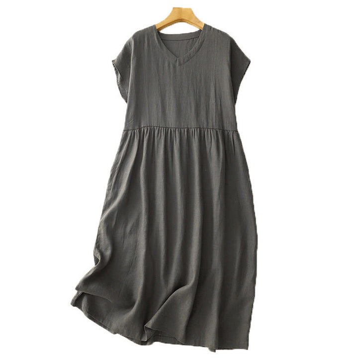 Buddha Stones Casual Artistic Solid Color Simple Design High Waist Short Sleeve Cotton Linen Midi Dress With Pockets - image 13