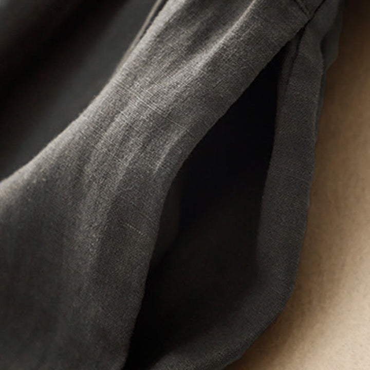 Buddha Stones Casual Artistic Solid Color Simple Design High Waist Short Sleeve Cotton Linen Midi Dress With Pockets - image 11